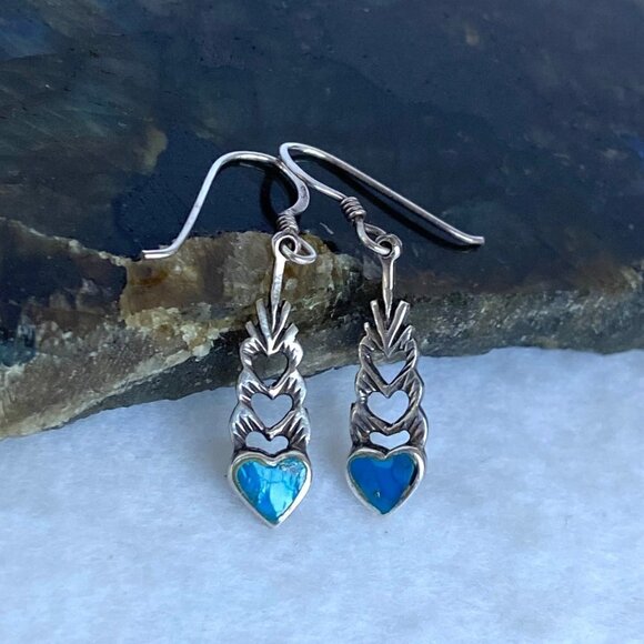 Sterling Silver 925 1.5" Turquoise Cut Out Heart Dangle Earrings - Picture 14 of 16
